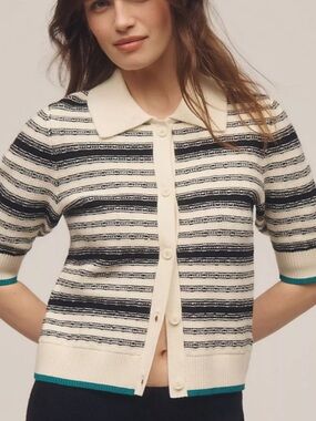 Anthropologie Ivory and Black Striped Short-Sleeve Polo Cardigan with Teal Trim